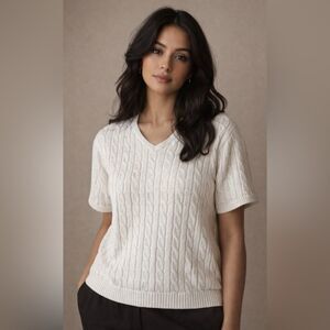 Short Sleeve White Cable Sweater